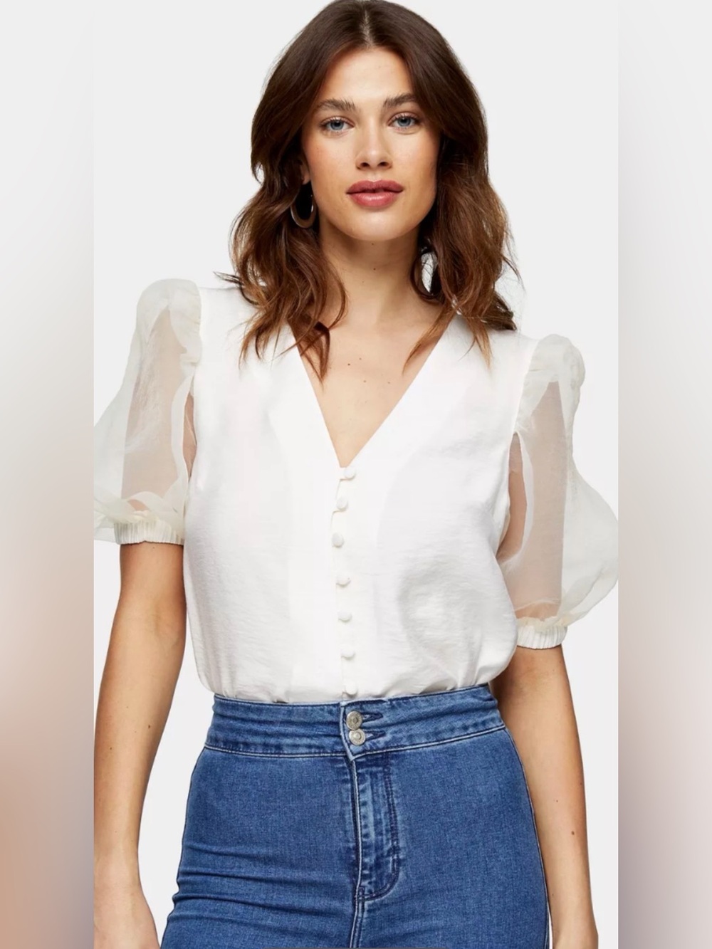 Topshop White Organza Puff Sleeve Button Front Blouse Size 6 NWOT